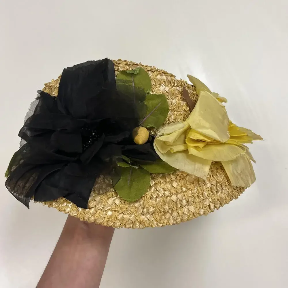 Vintage Mr Rickie Hat Cap Straw Floral Yellow Black Wide Brim Womens Spring 50s